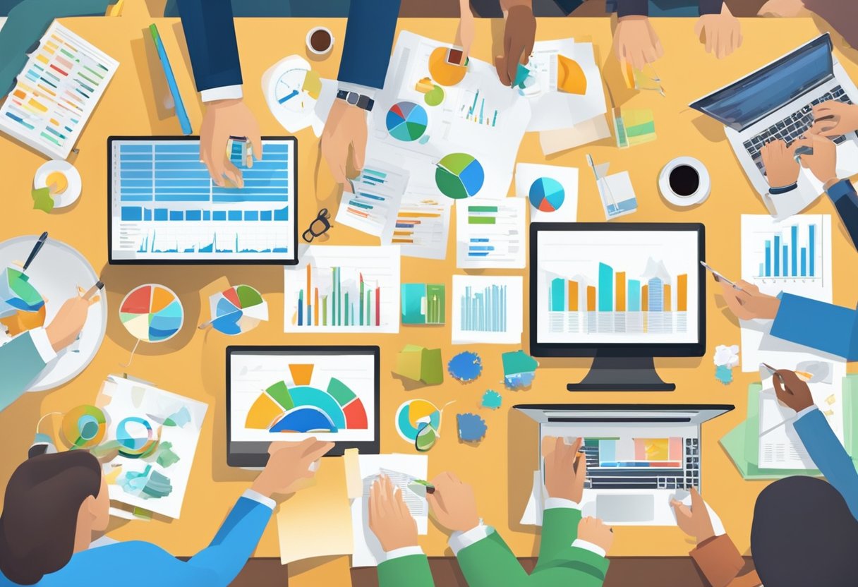 A table with various products, charts, and data. A group of people engaged in lively discussion, brainstorming, and analyzing market trends