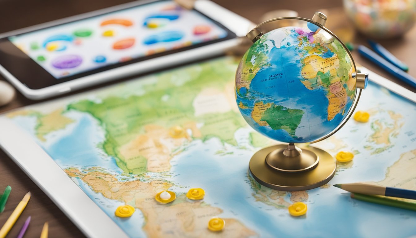 A globe surrounded by colorful map pins, with a tablet displaying National Geographic Kids' educational geography apps in the background