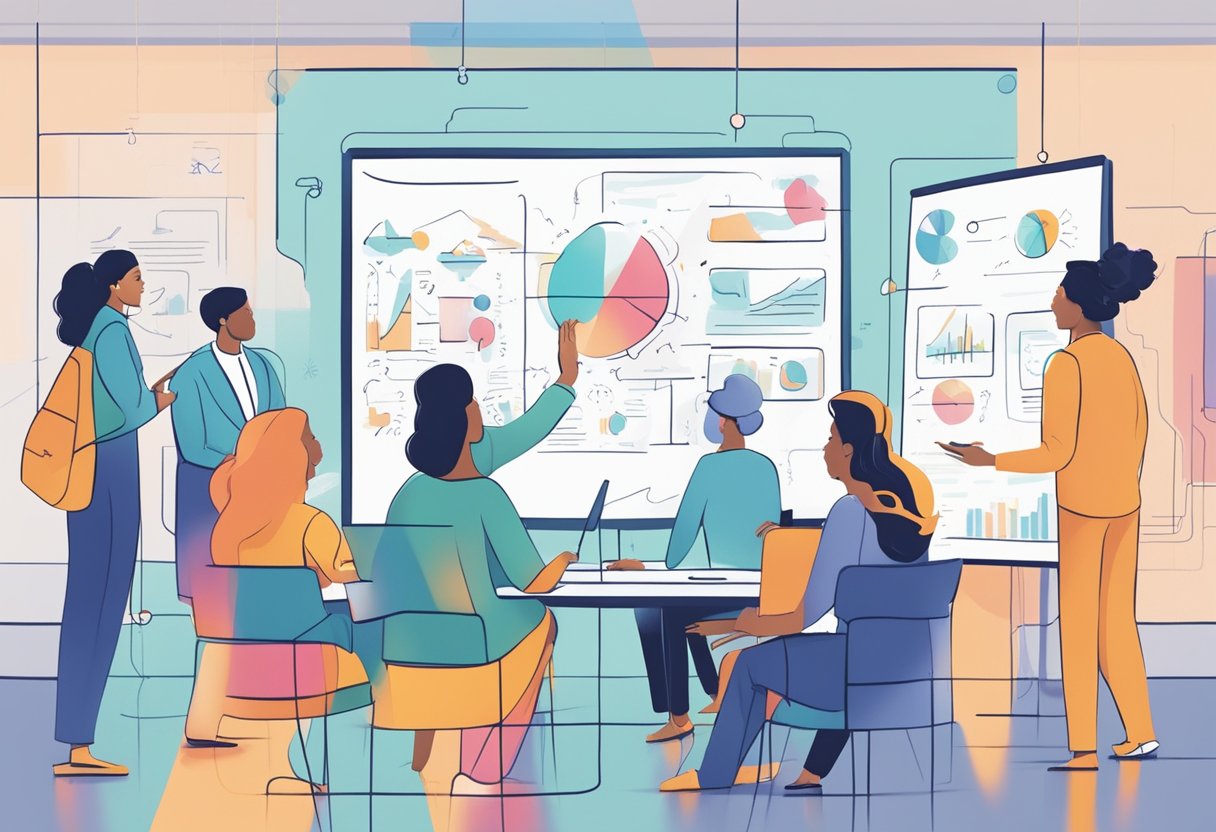 A whiteboard filled with brainstormed ideas and arrows connecting them, surrounded by a team of diverse individuals engaged in a lively discussion