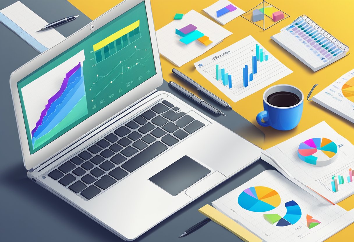 A table with a laptop, notebook, and pen. Graphs and charts on the laptop screen. Post-it notes with keywords and ideas scattered around