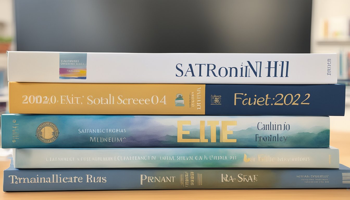 A stack of 7 SAT prep books by McGraw-Hill Education sits on a desk, their spines neatly aligned, with the title "SAT Elite 2024" prominently displayed