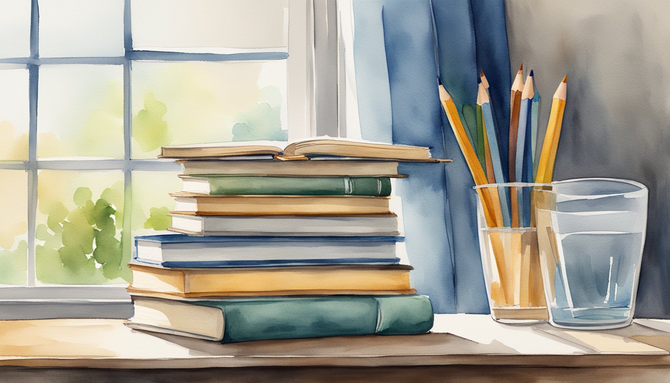 A stack of 7 SAT prep books arranged on a desk, with a pencil and notebook beside them.</p><p>A window in the background lets in natural light