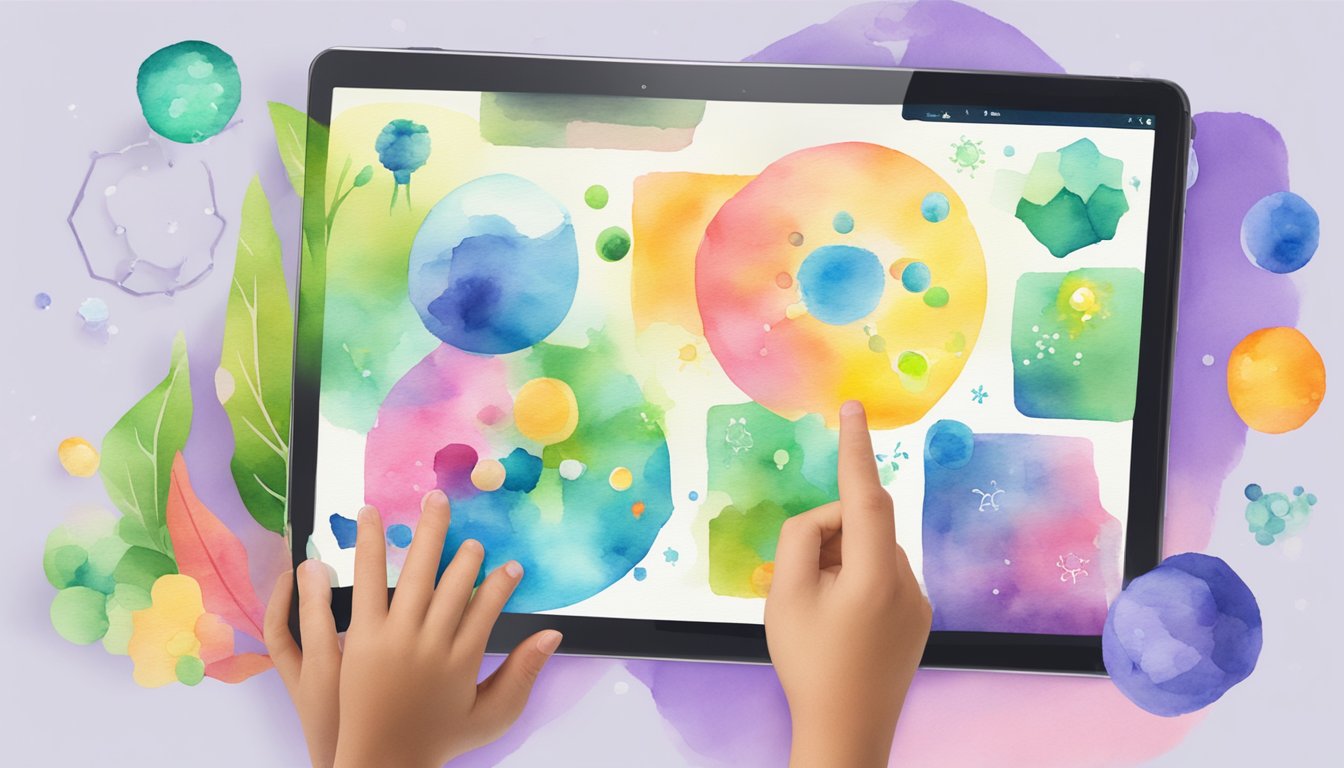 Bright, colorful science-themed apps displayed on a tablet screen with the Khan Academy logo.</p><p>Excited children interacting with the apps, showing enjoyment and engagement