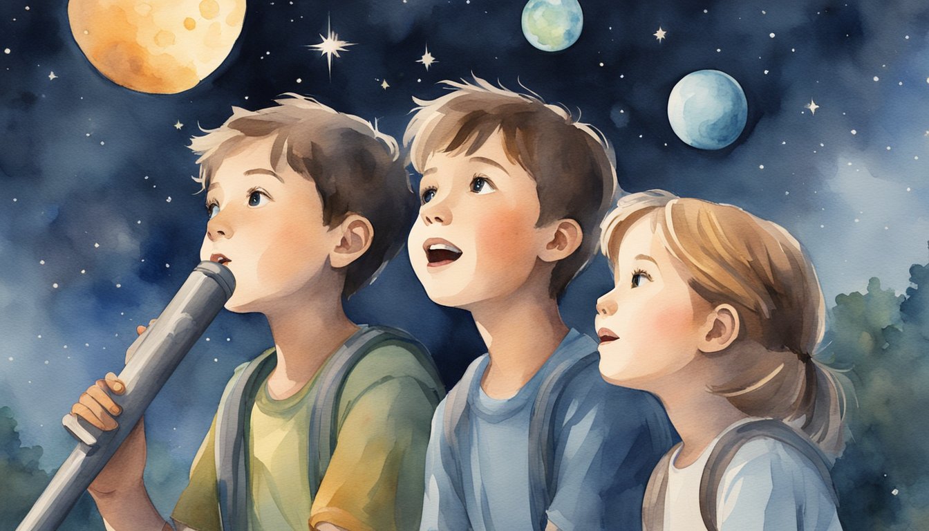 A group of children gaze up at the night sky, pointing excitedly at the stars and planets.</p><p>A telescope sits nearby, ready for exploration