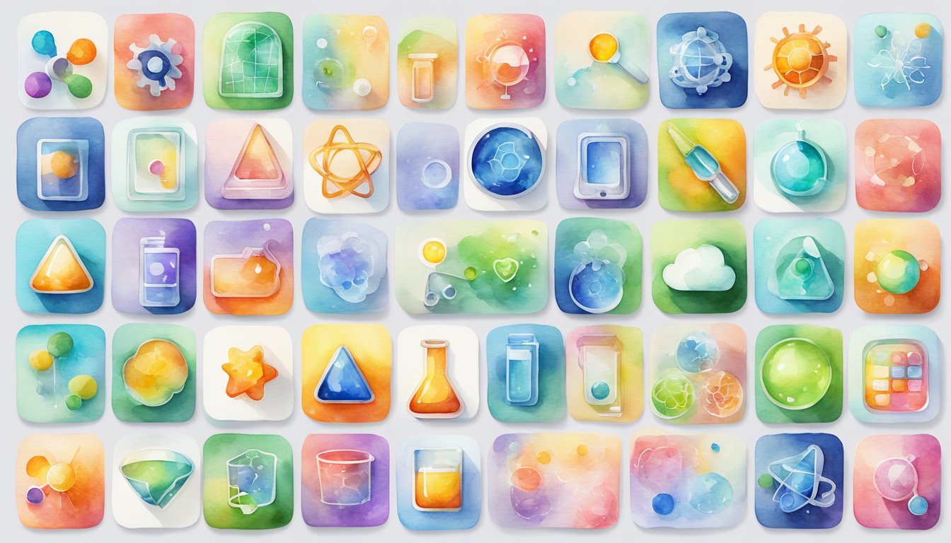 Colorful science-themed app icons arranged in a playful and inviting manner, with a mix of educational and entertaining elements