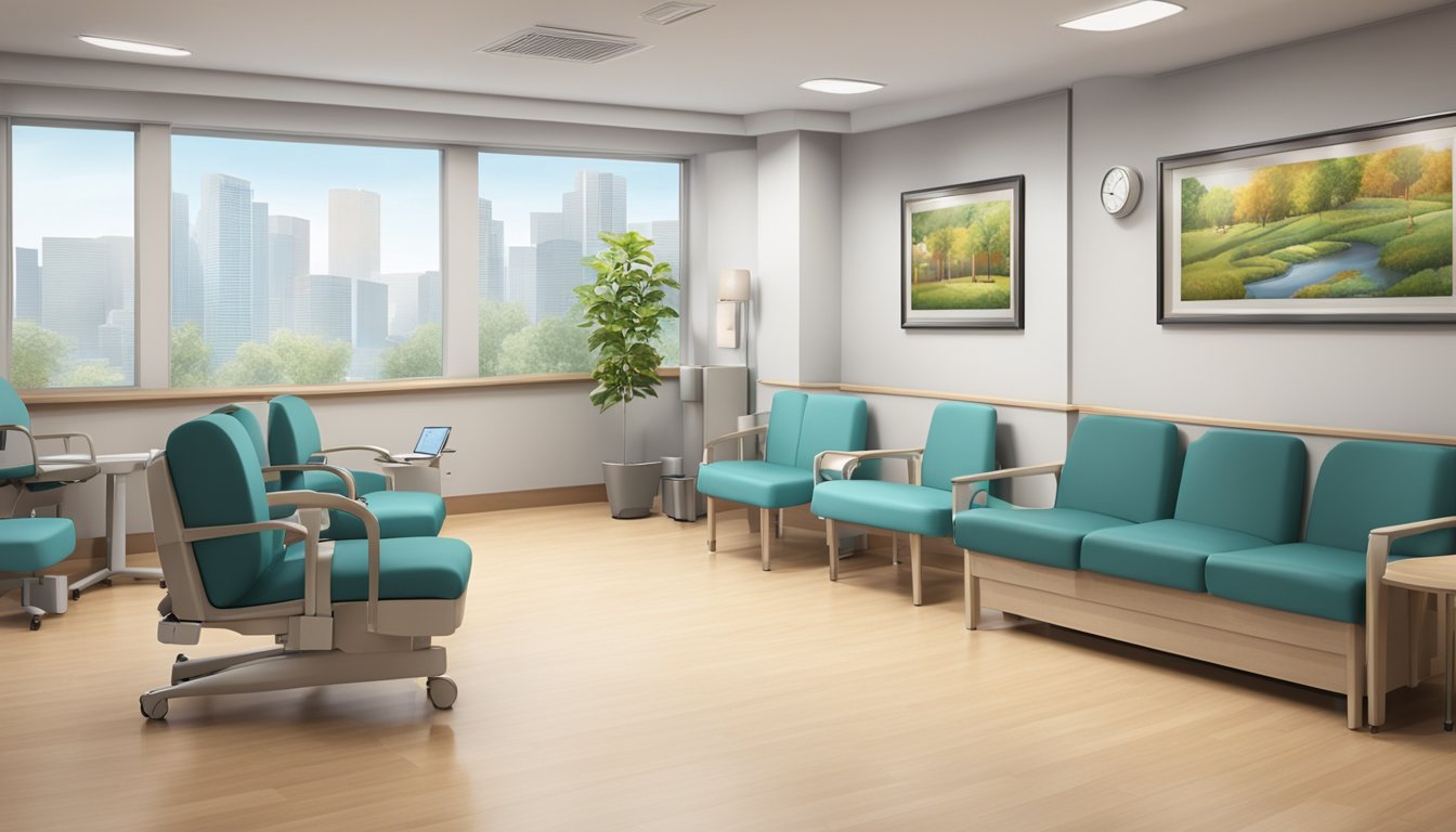 A modern, spacious cardiology clinic with state-of-the-art medical equipment and comfortable seating for patients. The walls are adorned with educational posters and soothing artwork