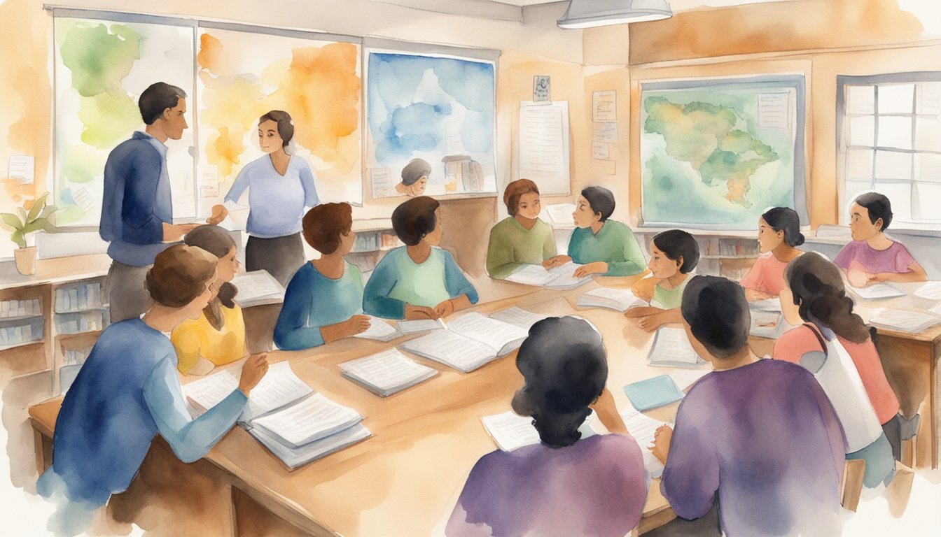 A group of people engage in lively discussions about telenovelas in a classroom setting, surrounded by Spanish learning materials