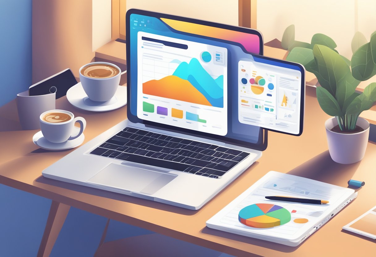 A laptop displaying social media platforms with marketing tools and analytics. A desk with notebooks, pens, and a cup of coffee. Bright, natural lighting