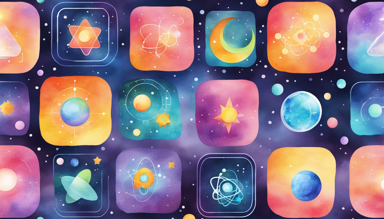 Seven colorful science app icons float in a cosmic background, each representing a different element.</p><p>They glow and pulse with energy, showcasing their interactive and educational features