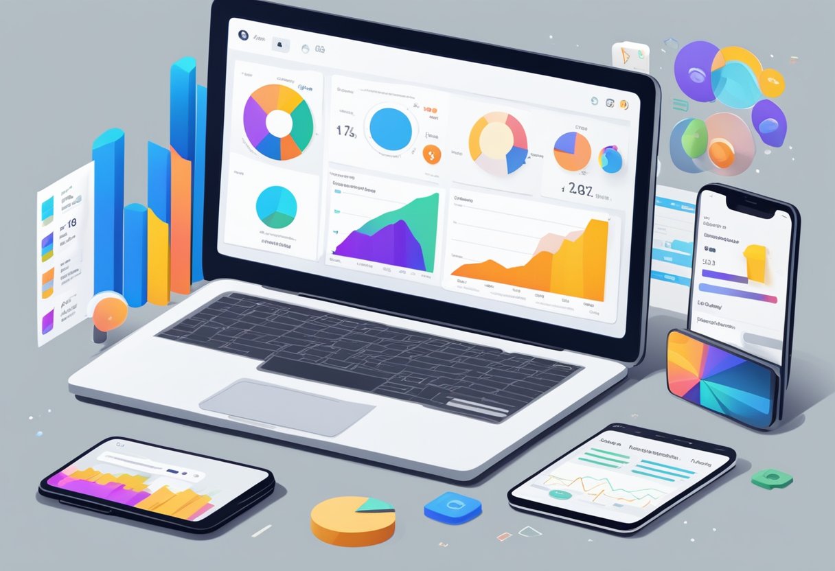 A laptop displaying Instagram analytics tools and a smartphone with marketing posts on the screen. Graphs and charts show engagement metrics