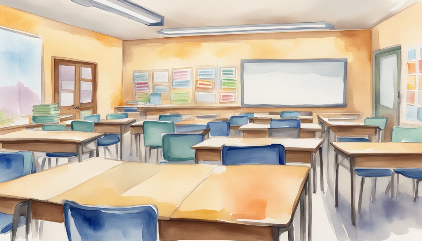 A classroom with Spanish textbooks, whiteboard, and desks arranged for a group of intermediate learners