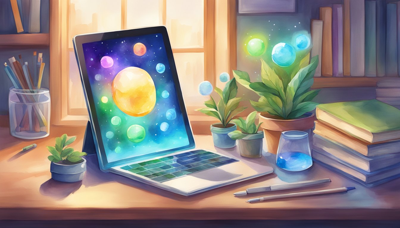 Various science-themed apps float above a tablet, emitting colorful light and sparking interest.</p><p>The tablet rests on a desk, surrounded by books and a potted plant