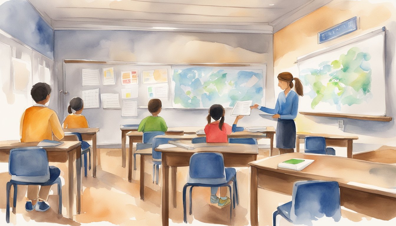 A classroom with a whiteboard and desks, Spanish textbooks and learning materials scattered around.</p><p>A teacher stands at the front, engaging with intermediate students