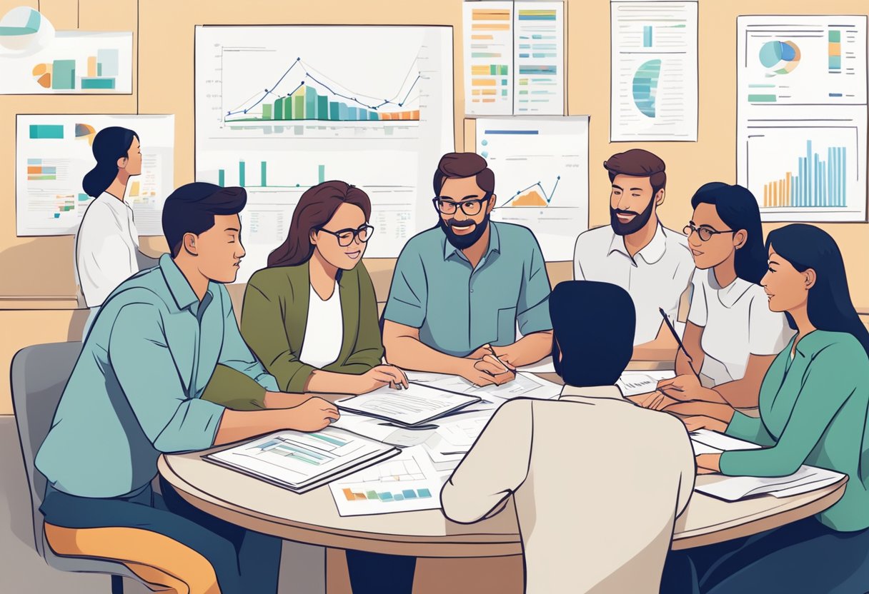 A group of people gathered around a table, pointing at charts and graphs, engaged in animated discussion