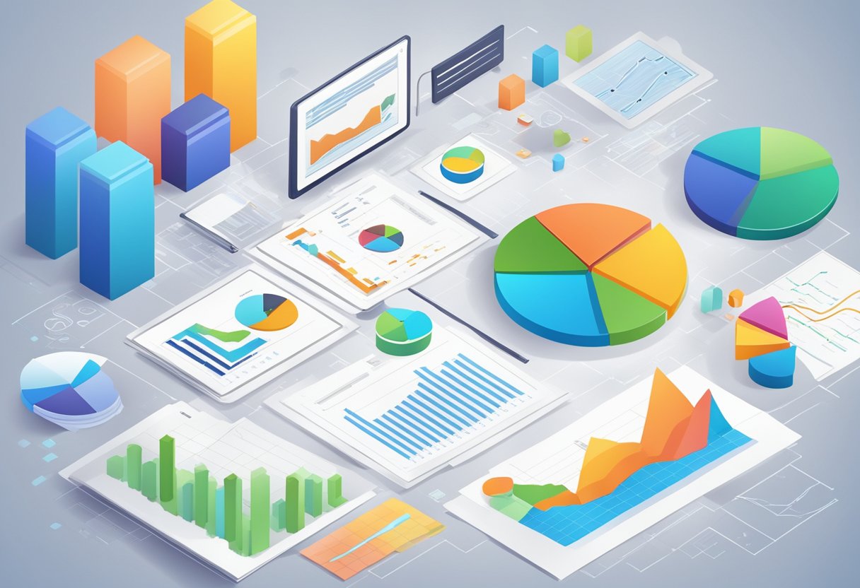 A graph with market demand and size data, surrounded by research reports, charts, and a brainstorming session