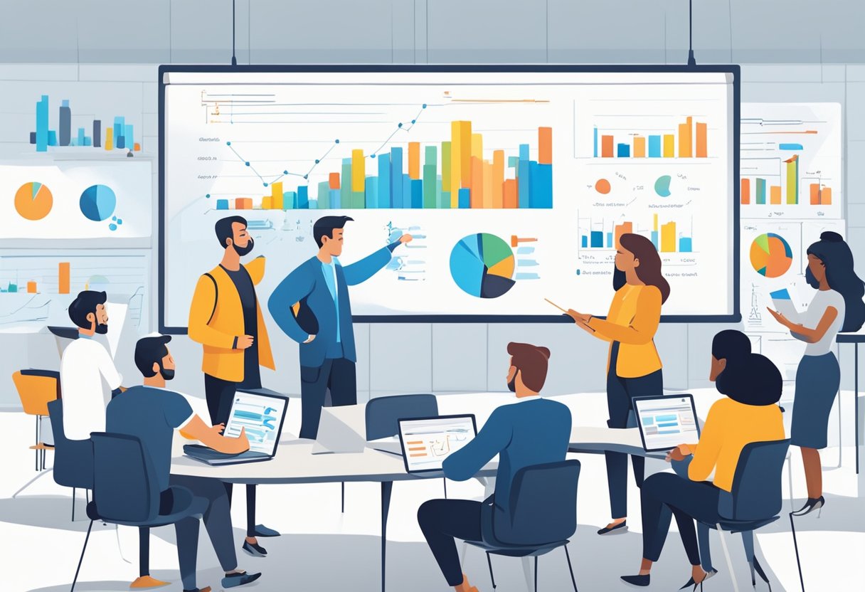 A group of people studying charts and graphs, discussing consumer behavior and preferences. A whiteboard with brainstorming ideas in the background