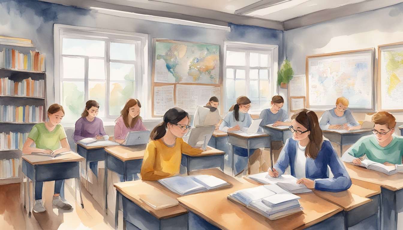 A classroom filled with advanced students engaged in the Berlitz Intensive German Program, surrounded by textbooks, whiteboards, and language learning materials