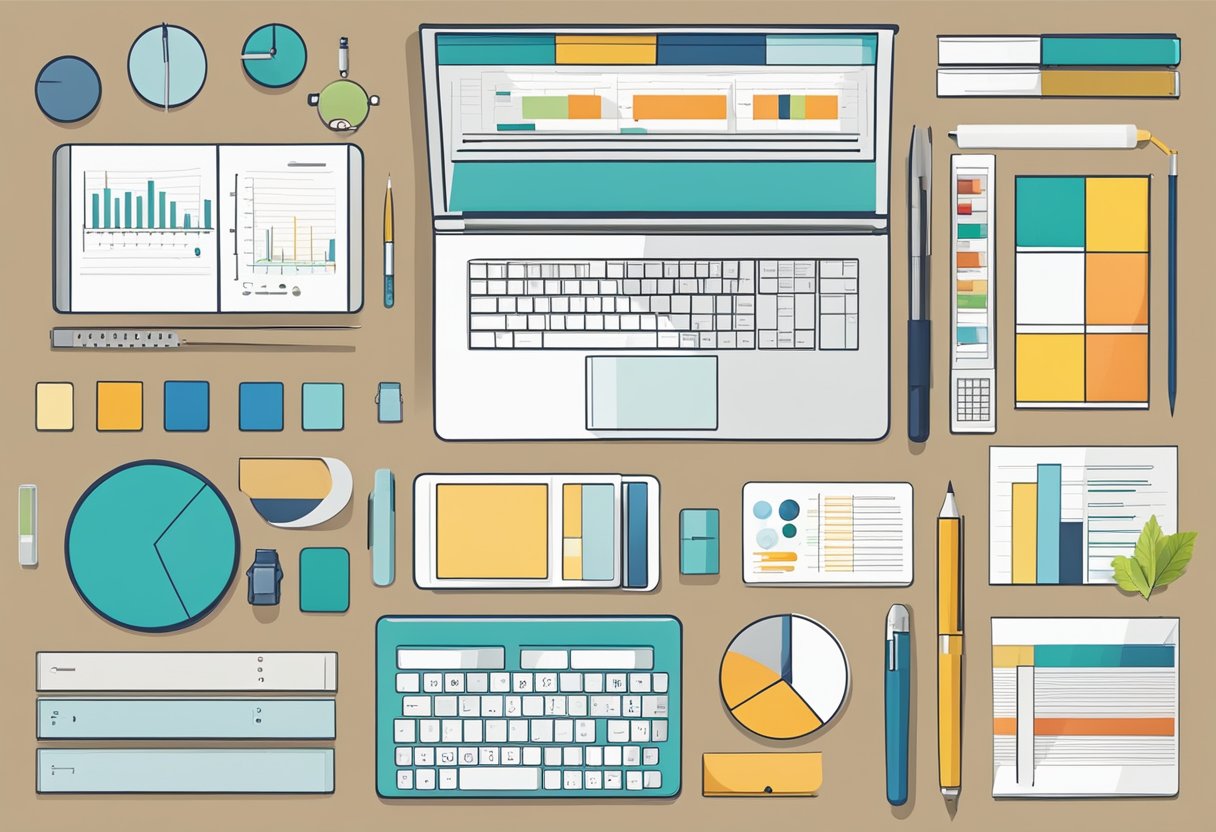 A table with various product analysis tools, charts, and graphs laid out for comparison and evaluation