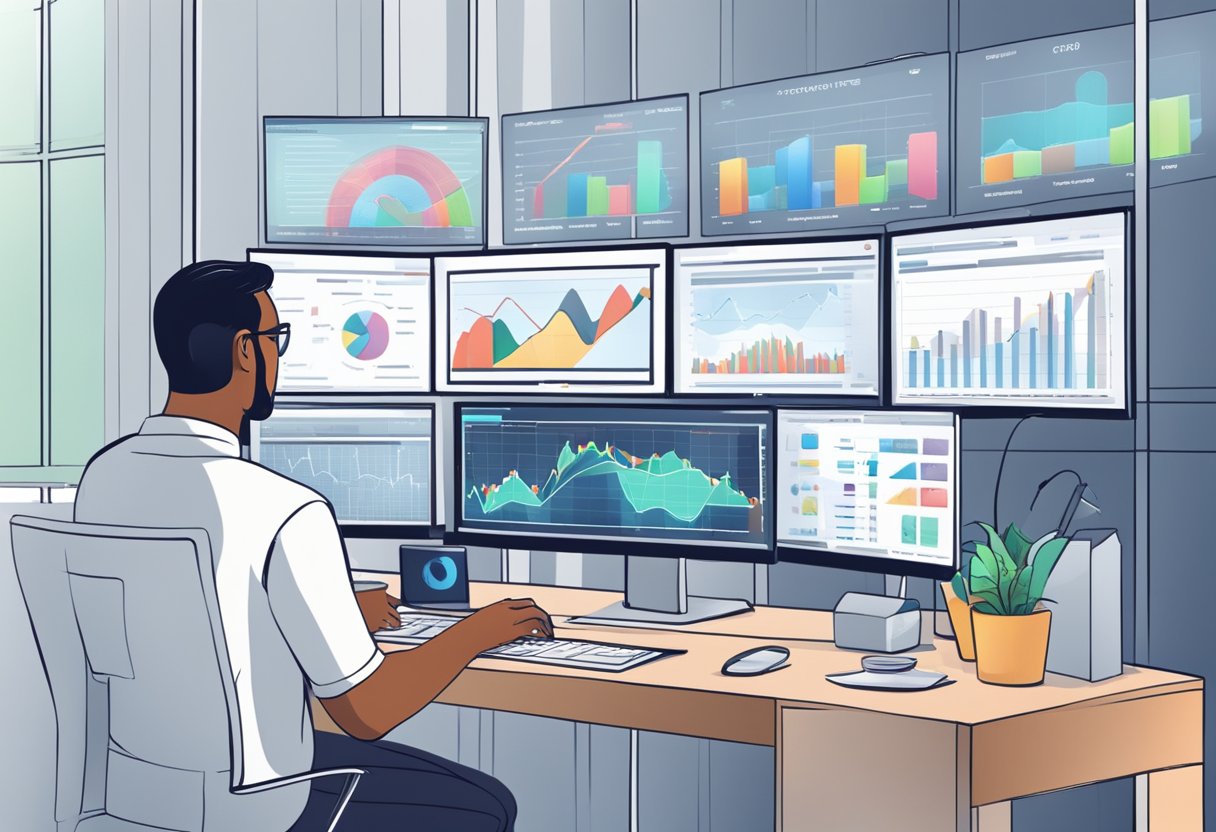 A computer screen displaying various data charts and graphs, with a person analyzing and brainstorming potential product discussions