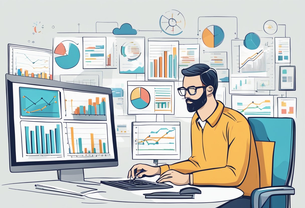 A person analyzing customer data, surrounded by charts and graphs, with a computer and notepad for potential product discussions