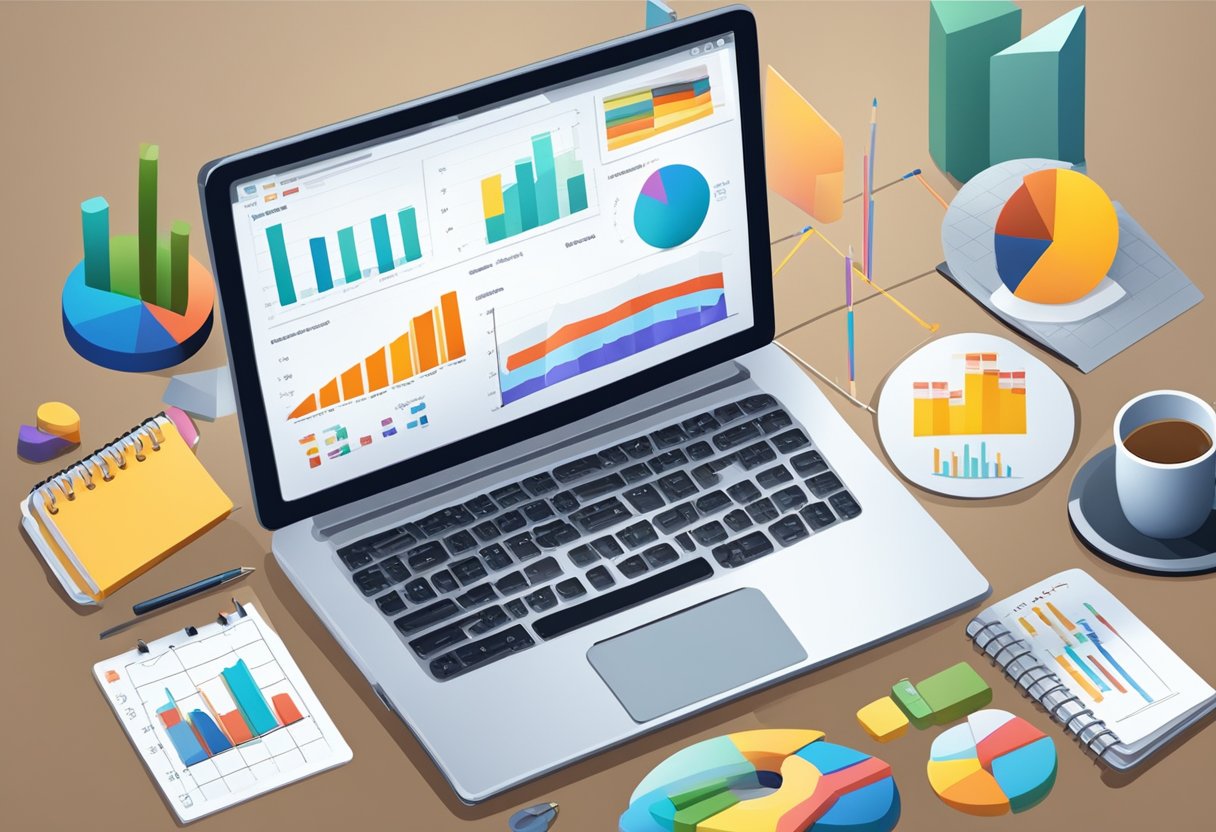 A table with charts and graphs showing marketing metrics. A laptop open to a data analysis software. A notepad with product ideas