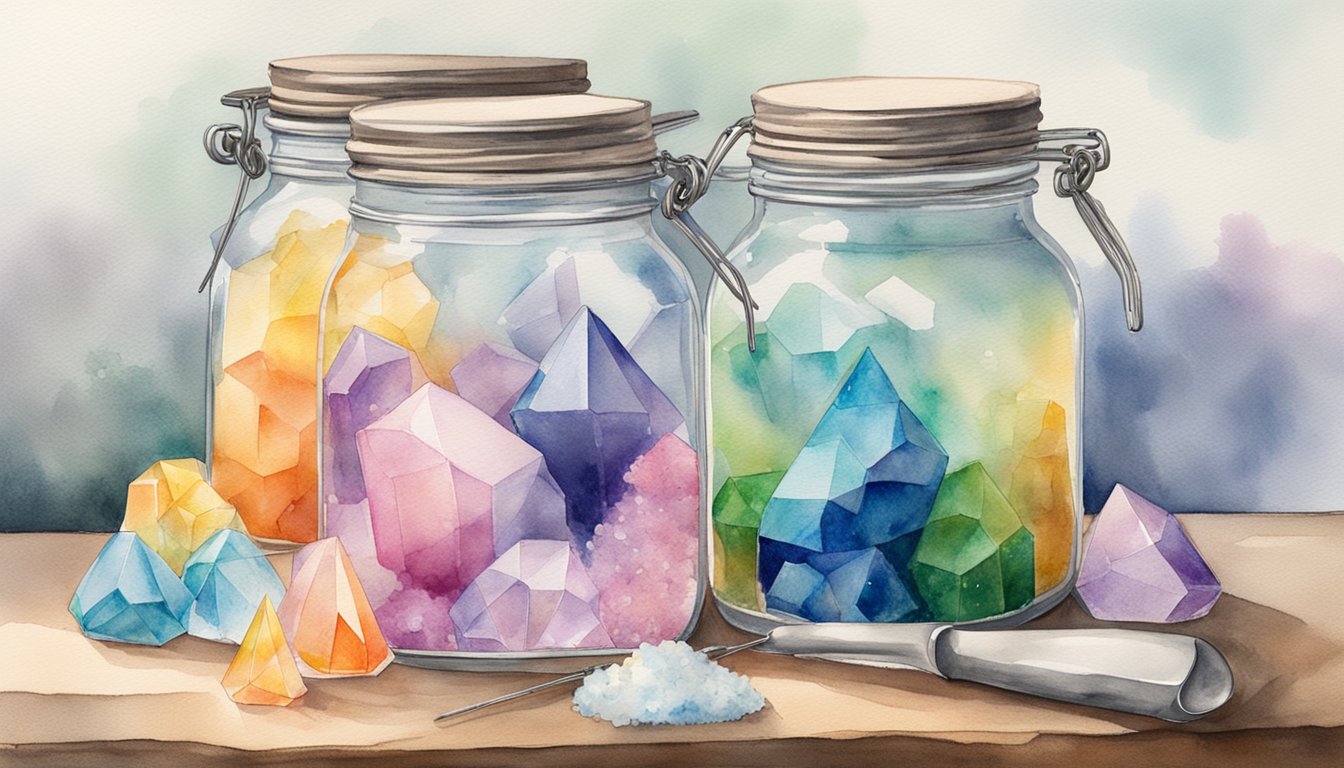 Colorful crystals forming on a string dipped in borax solution, sitting in a glass jar.</p><p>Surrounding materials include measuring spoons, borax powder, and a stirring stick