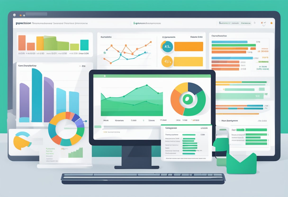 A computer screen displaying SEO and marketing performance metrics with a graph showing competitor product mentions