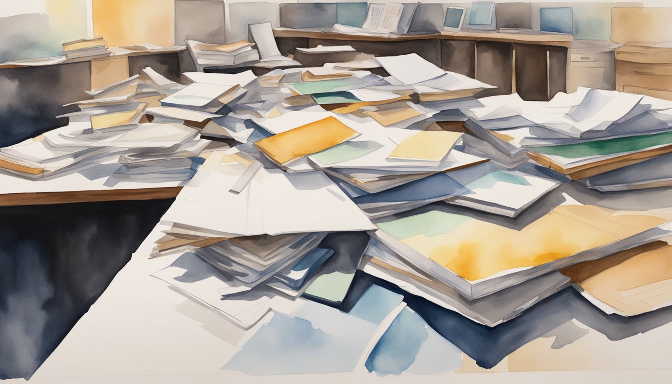 Incomplete college applications pile up on a cluttered desk, with missing forms and blank spaces.</p><p>Frustrated students look on as deadlines loom