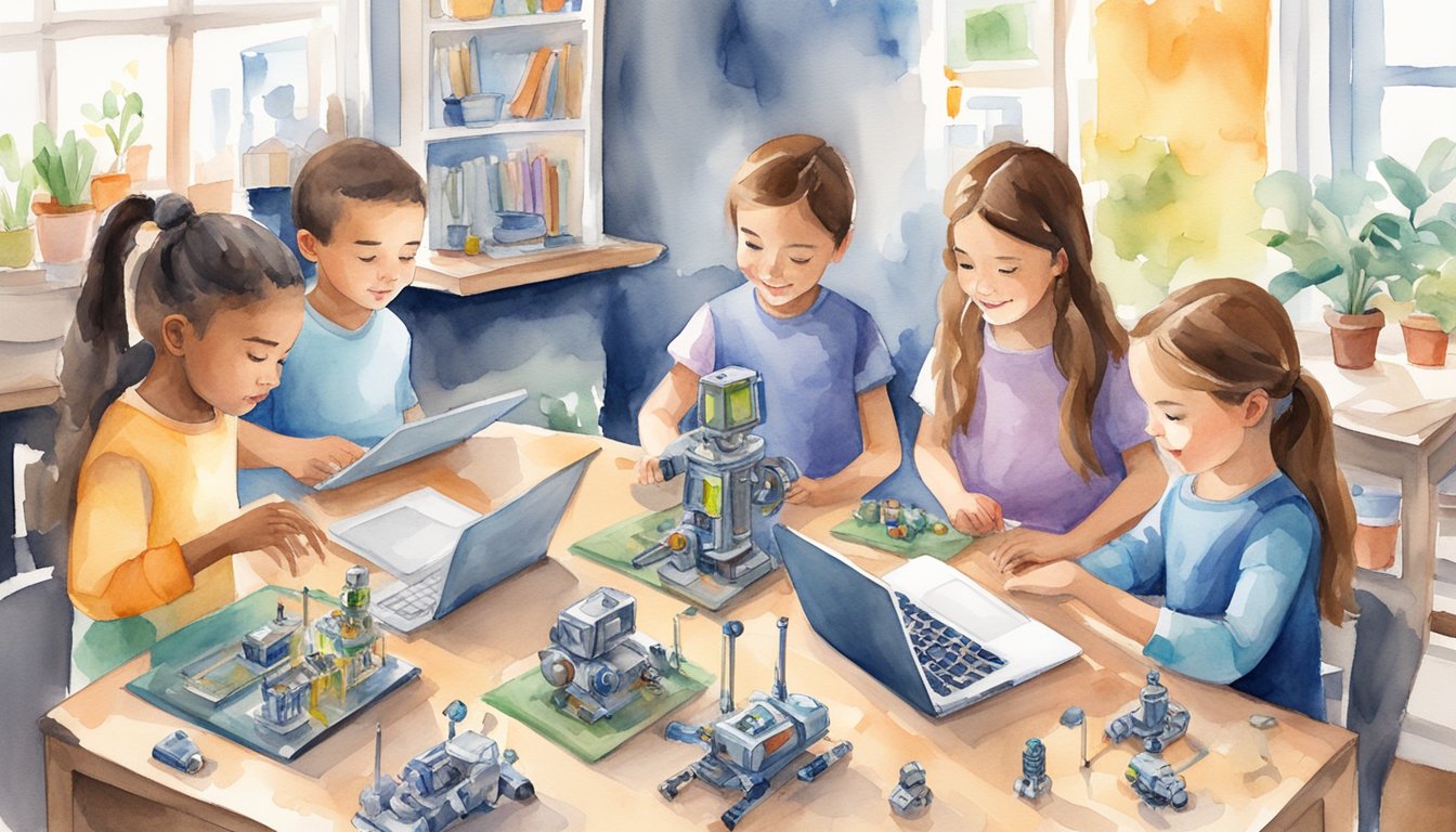 Children engaged in various STEM activities at home: building robots, conducting science experiments, coding on laptops, and assembling engineering projects