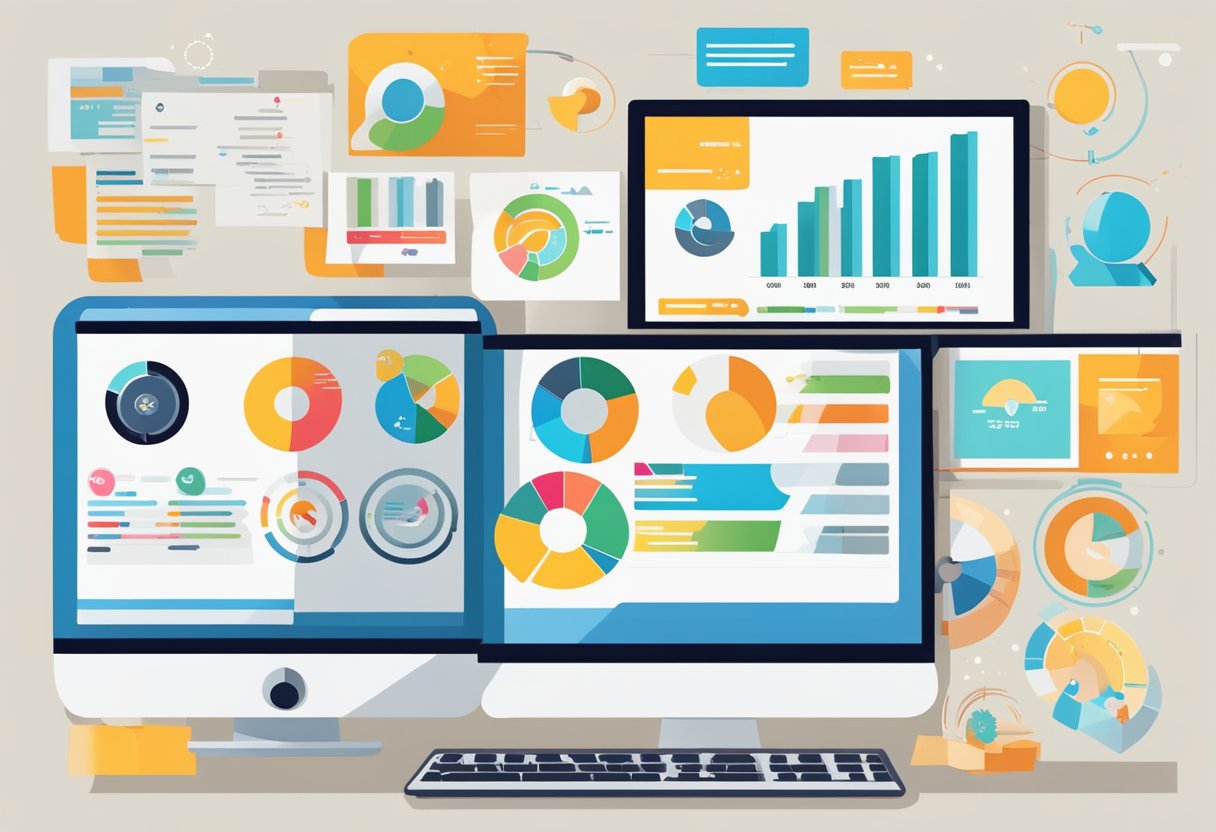 Competitor logos displayed on a computer screen with graphs and charts showing product mentions and market trends