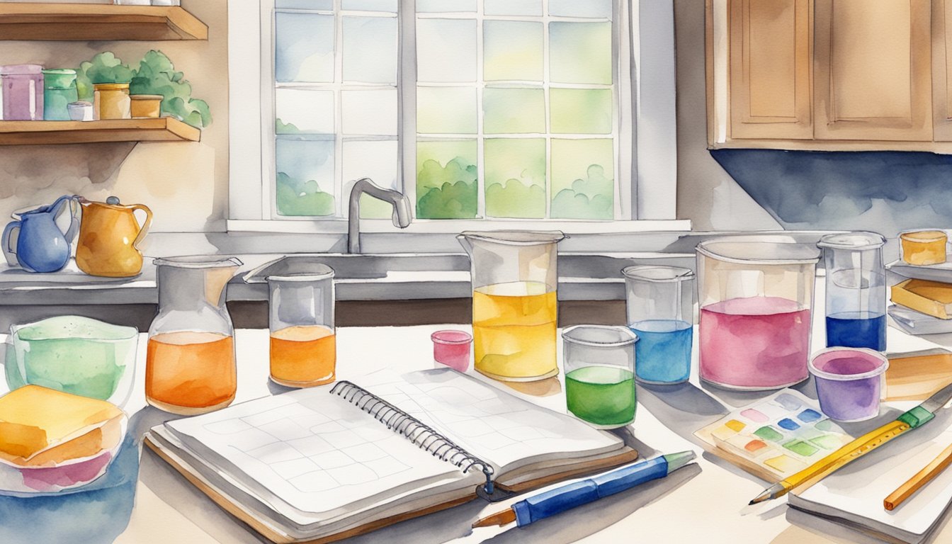 A kitchen table with various household items like measuring cups, a ruler, and a calculator.</p><p>A child's science experiment notebook is open with notes and diagrams