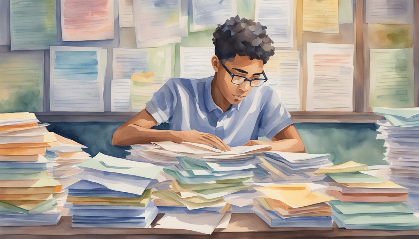 A student surrounded by missed scholarship opportunities, with a stack of unopened financial aid letters