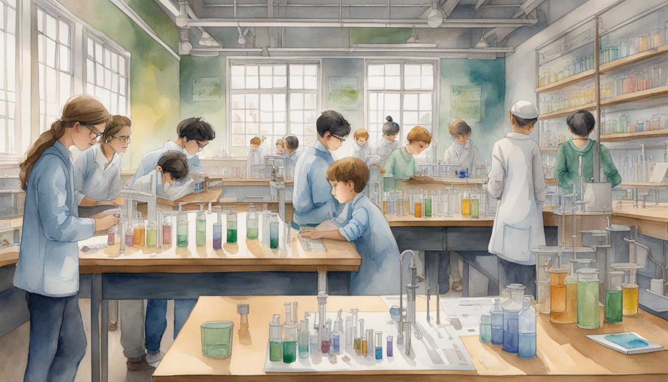 A group of students gather around a lab table, conducting experiments with test tubes and microscopes.</p><p>Charts and graphs line the walls, showcasing their scientific findings