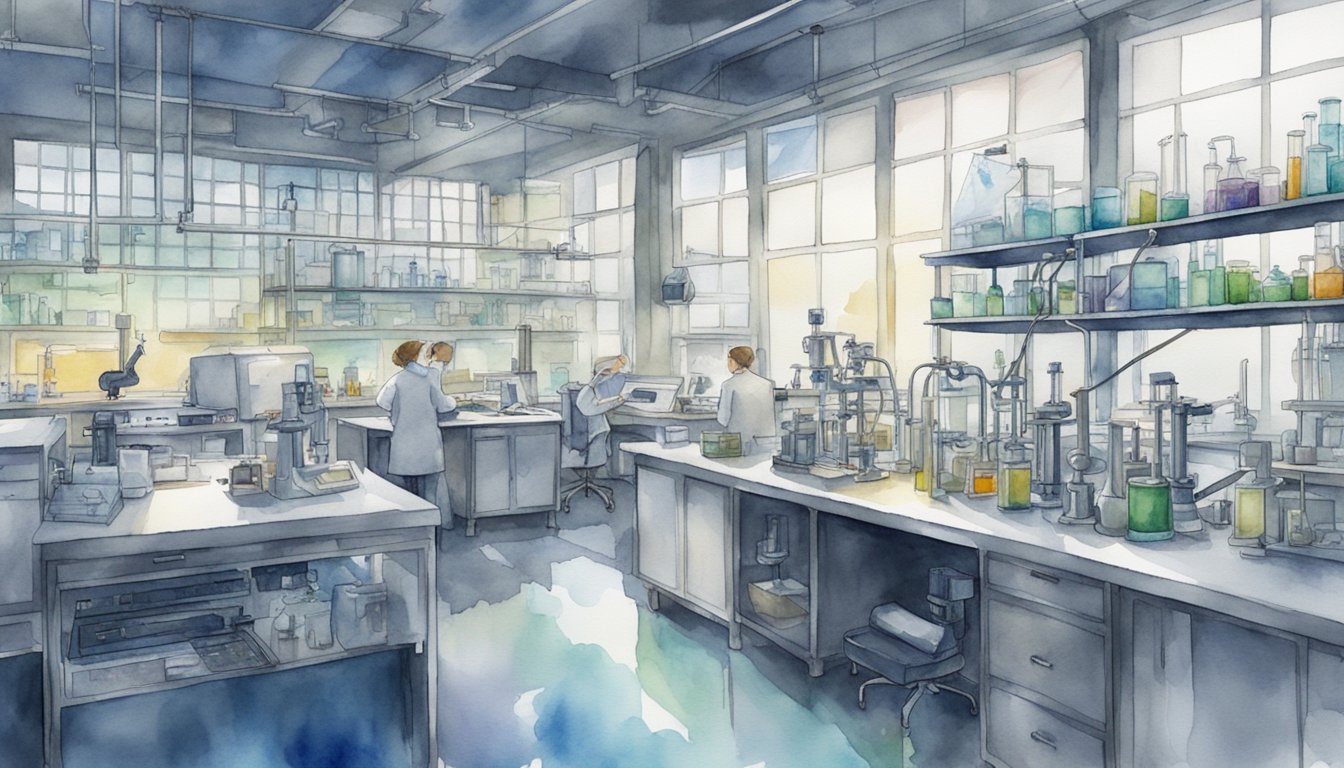 A laboratory setting with scientific equipment, computers, and research materials.</p><p>The environment is busy and focused, with a sense of collaboration and innovation