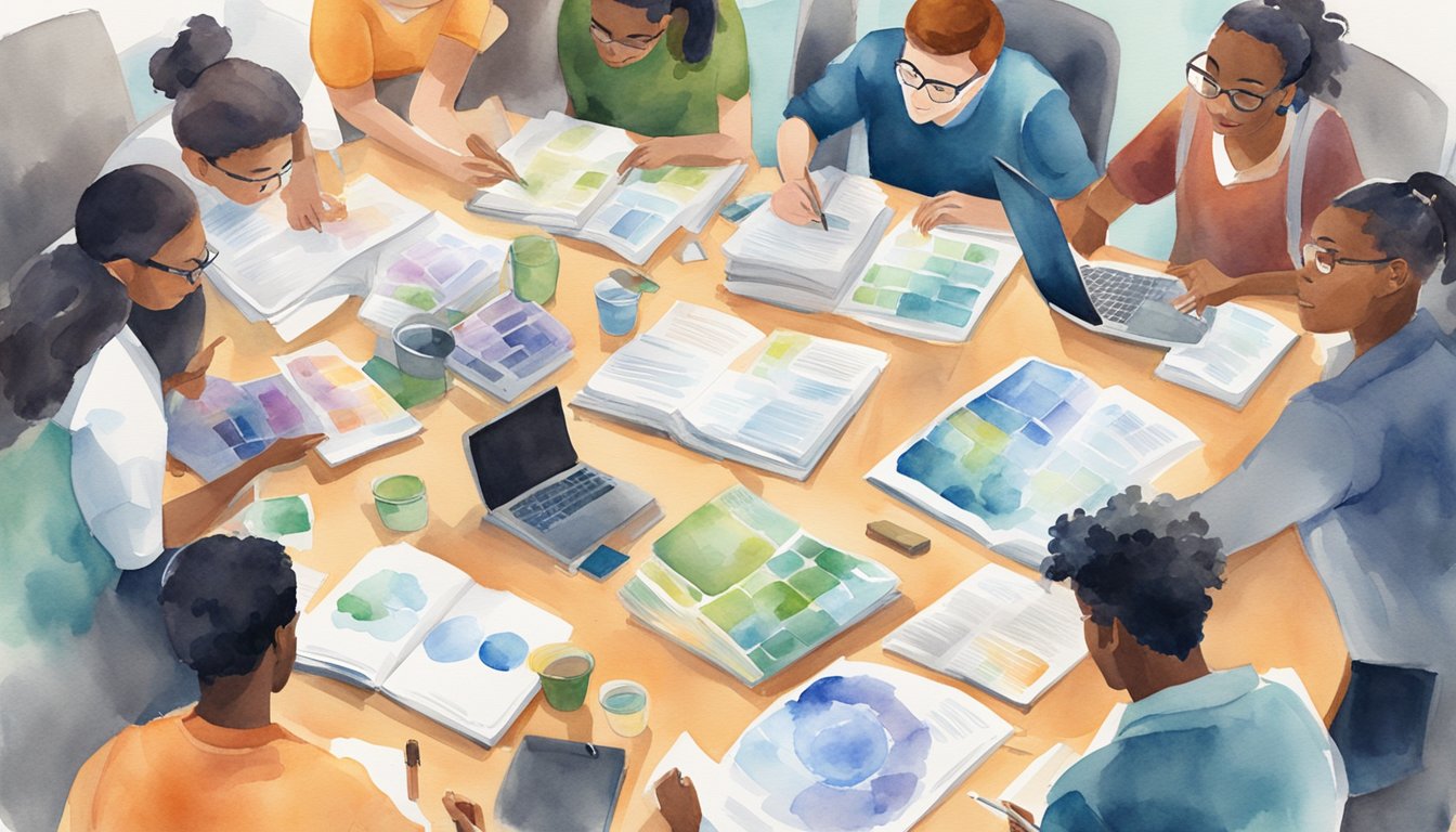 A group of science majors gather around a table, comparing study abroad programs.</p><p>Brochures and laptops are spread out as they discuss their options