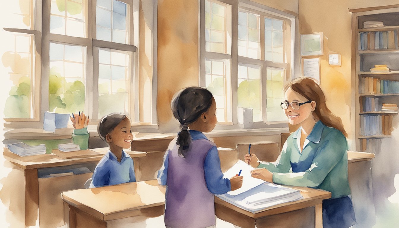 A teacher sits at a desk with a checklist, smiling while reviewing a child's progress.</p><p>A parent stands nearby, engaged in conversation.</p><p>A warm and welcoming atmosphere is evident in the room