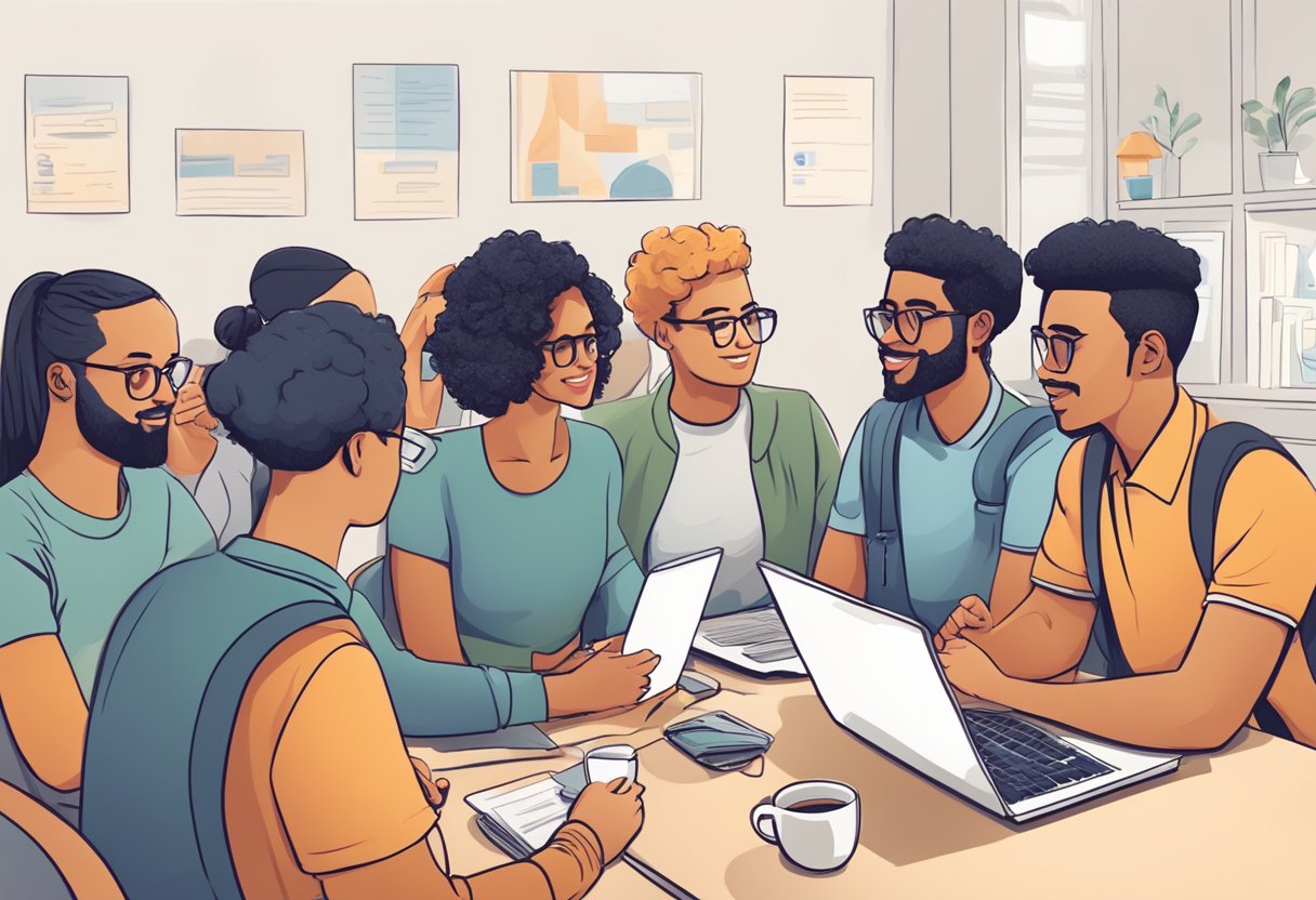 A group of diverse Reddit users engage in conversation, sharing ideas and opinions without appearing promotional