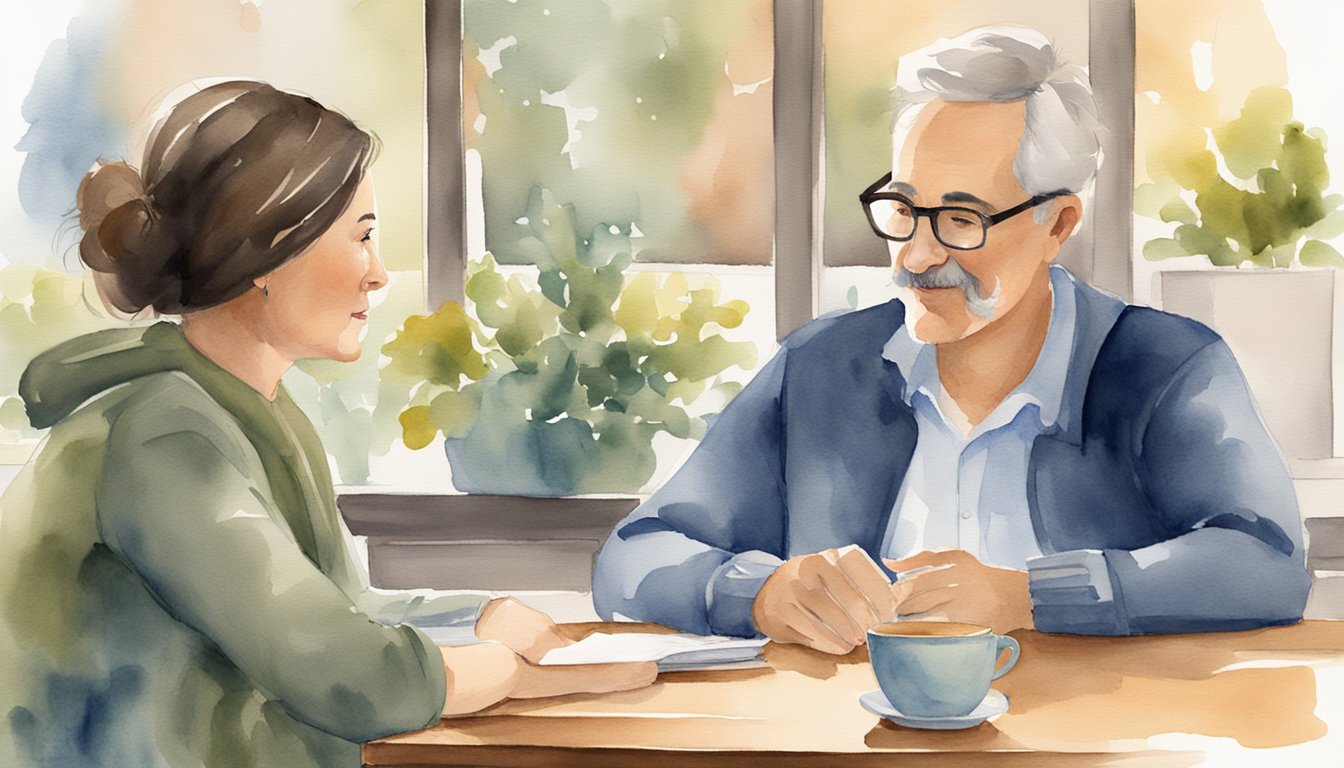 A parent and teacher engage in a focused conversation, sitting across from each other at a table.</p><p>Both individuals are leaning in, making eye contact, and actively listening to one another.</p><p>A warm and welcoming atmosphere is evident in the room