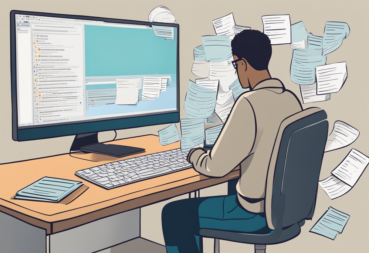 A person typing on a computer, surrounded by open tabs of Reddit threads. A thought bubble with a question mark represents strategizing their approach