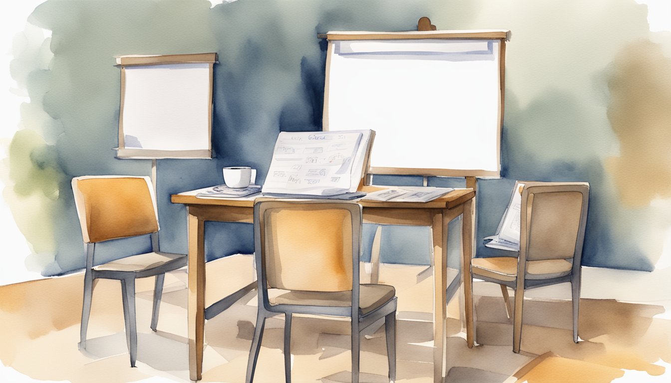 A table with two chairs facing each other, a whiteboard with notes, and a stack of papers.</p><p>A laptop open to a presentation, with a cup of coffee and a notepad with pens