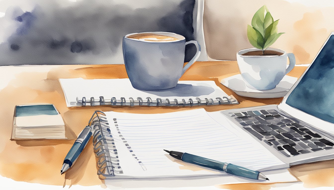 A desk with a notepad, pen, and open laptop.</p><p>A cup of coffee sits next to a stack of papers labeled "7 Tips for Successful Parent-Teacher Meetings." A calendar hangs on the wall