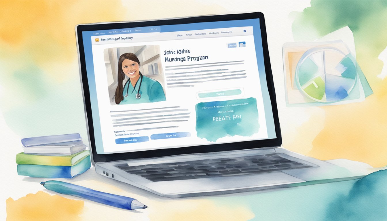 A laptop displaying Johns Hopkins University's online MSN program with nursing imagery and degree program information