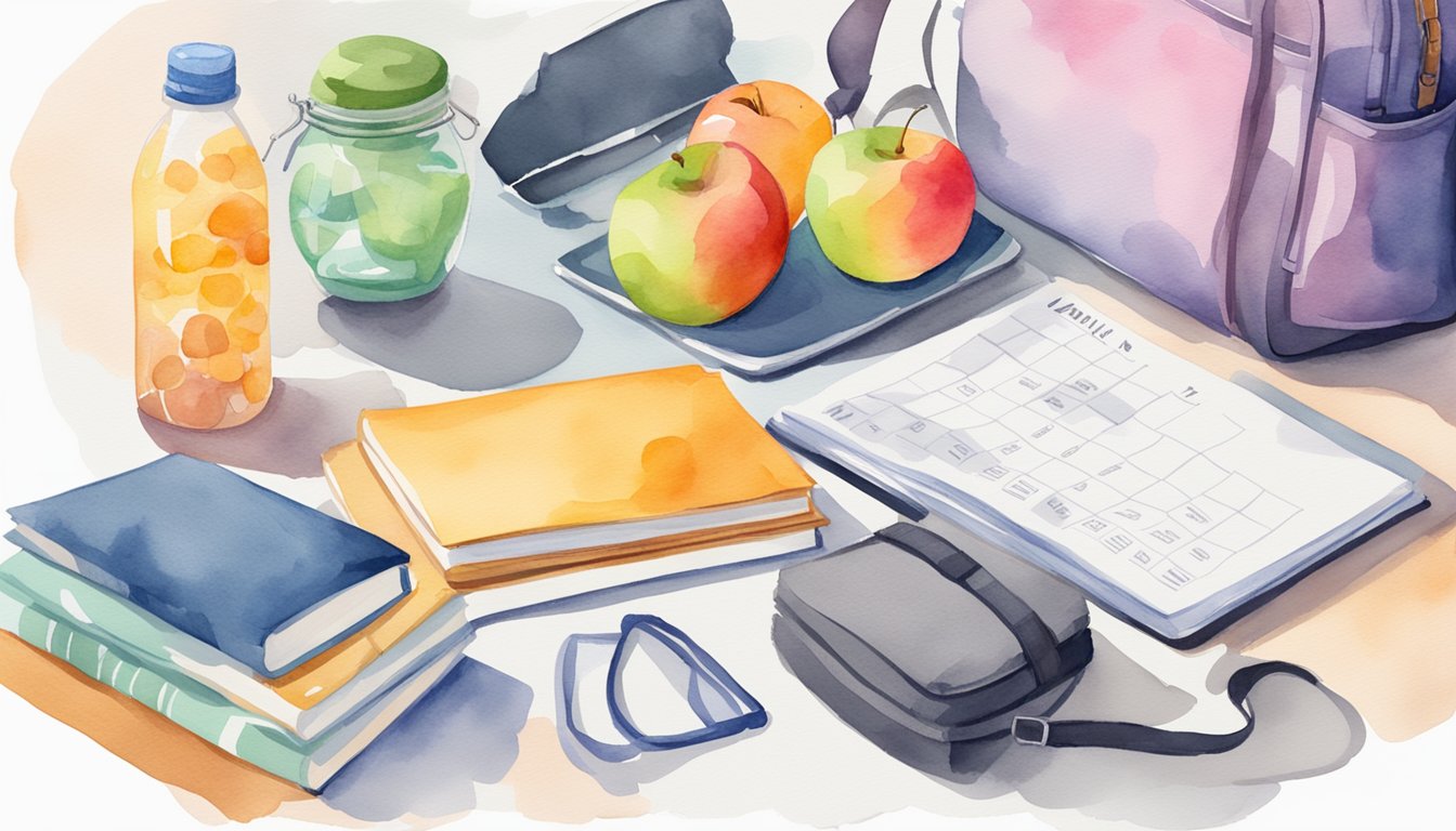 A desk with a stack of books, a laptop, and a healthy snack.</p><p>A water bottle and a gym bag nearby.</p><p>A calendar with exam dates circled