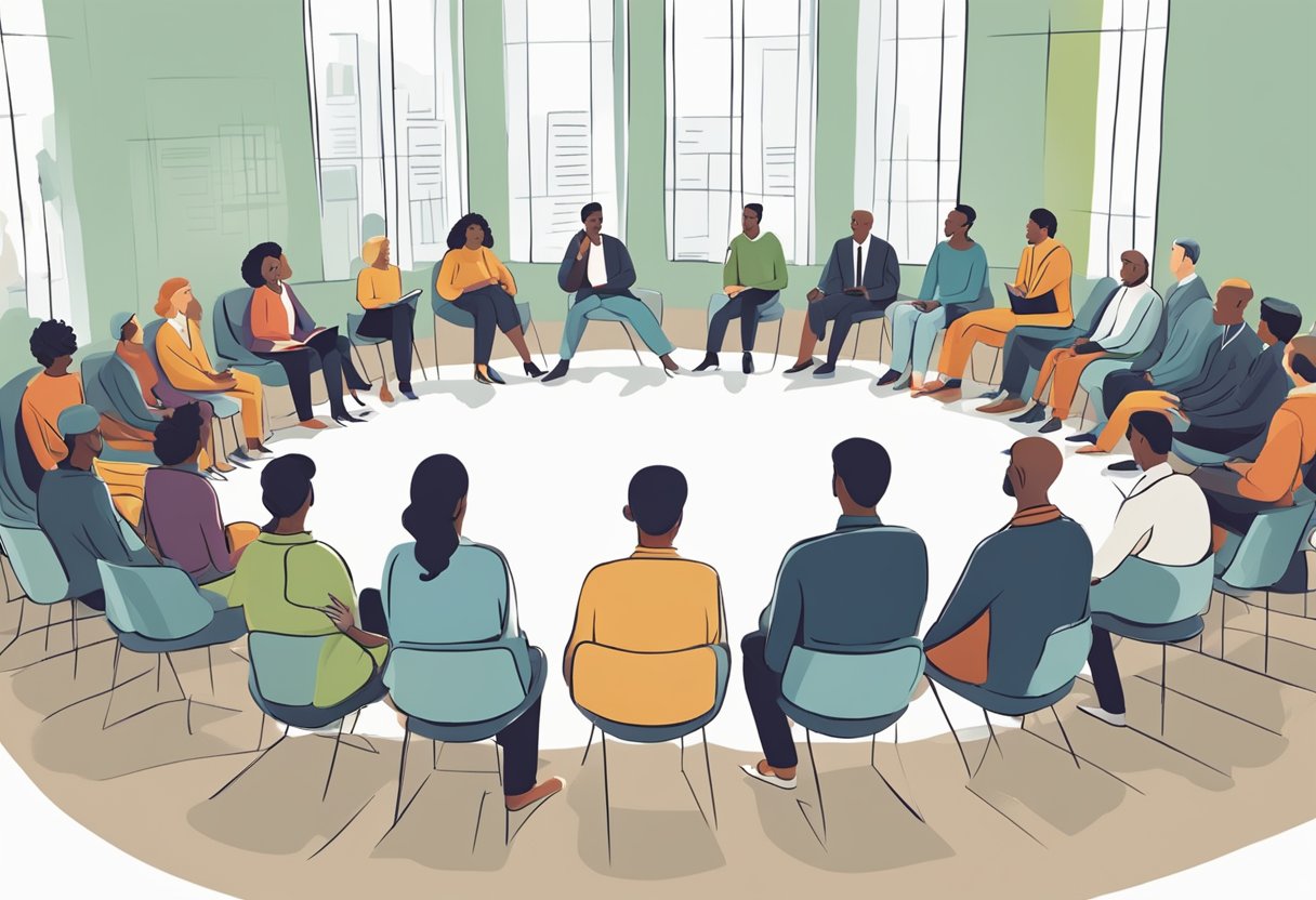 A group of people sit in a circle, each taking turns to speak and listen attentively. No one is pushing their own agenda, but rather offering genuine insights and asking thoughtful questions. The atmosphere is open, respectful, and focused on meaningful dialogue