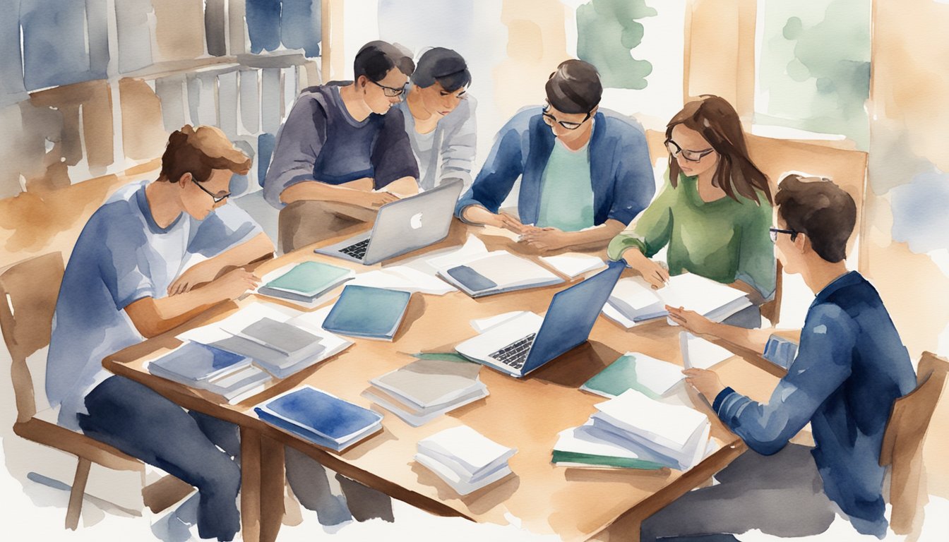 A group of students gather around a table, discussing and sharing notes.</p><p>Laptops and textbooks are spread out as they collaborate on building a strong college network