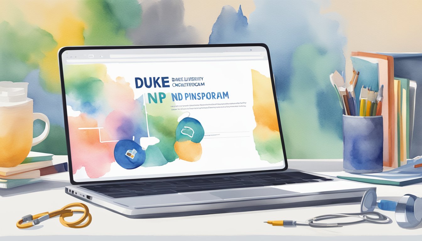 The Duke University School of Nursing's Online DNP program is depicted with a laptop open to the program's website, surrounded by nursing textbooks and a stethoscope