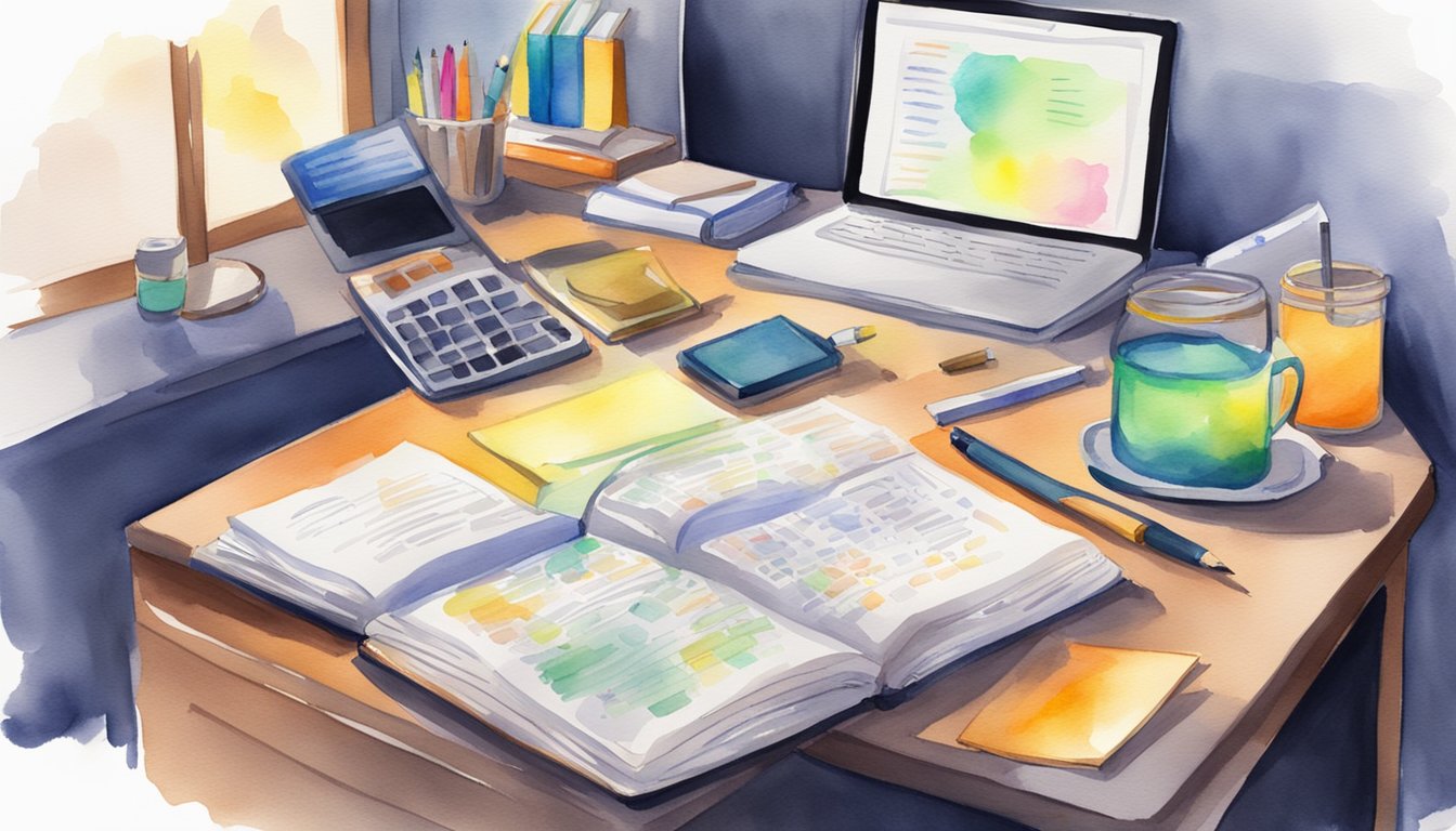 A desk with open textbooks, highlighters, and notes.</p><p>A clock in the background shows late-night studying.</p><p>A laptop with online resources