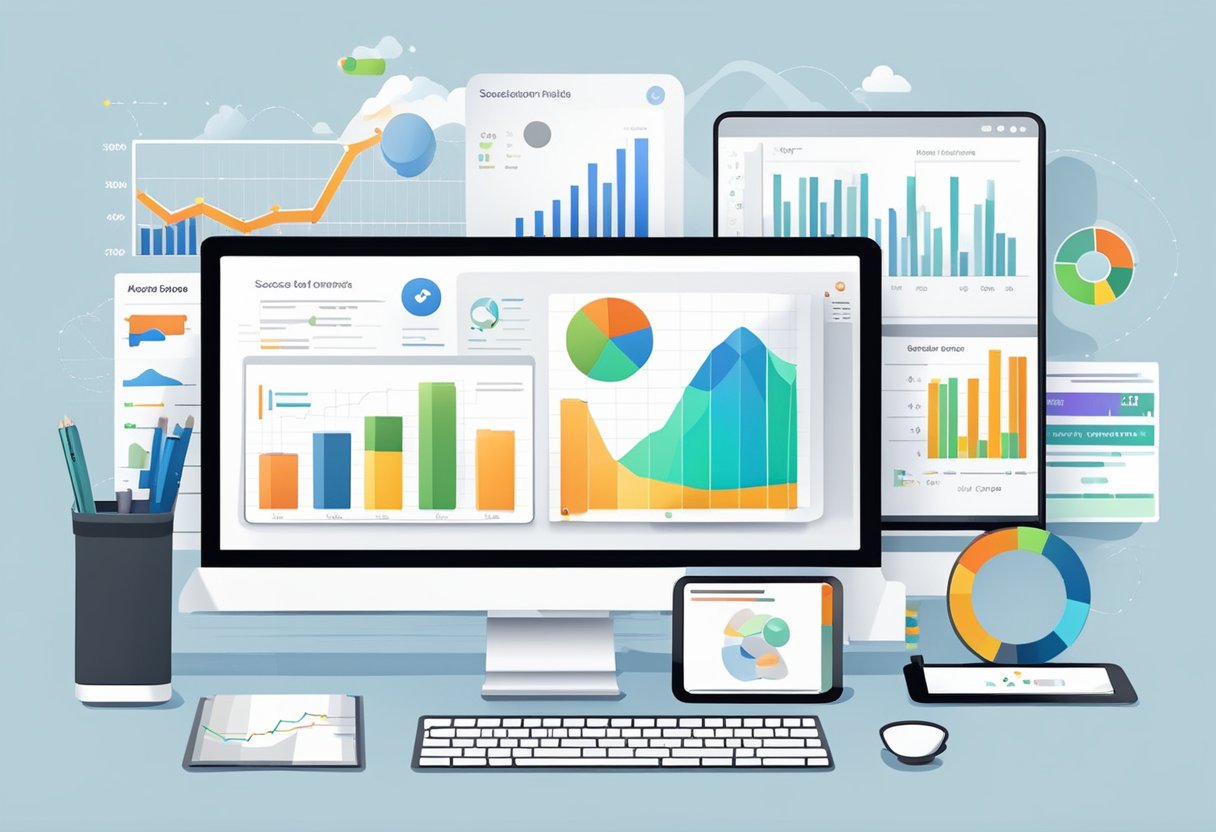 Various graphs and charts display product mentions' success. A computer screen shows data visualization tools and metrics. A smartphone displays social media monitoring apps