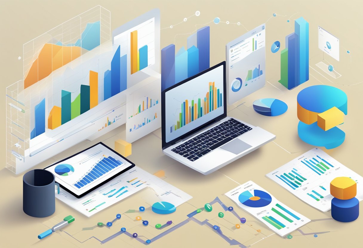 Product analytics tools display graphs and charts showing product mentions and their impact on success. Data points and trend lines illustrate the performance of the product over time