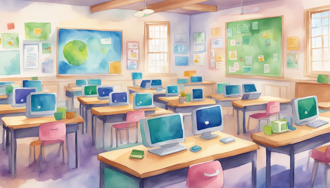 A colorful classroom with digital devices and educational materials for young students, featuring the Khan Academy Kids logo prominently displayed